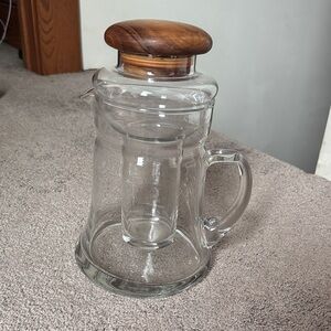 Gailstyn Sutton Genuine Teak Wood Blown Glass Decanter Pitcher w/ Ice Chamber